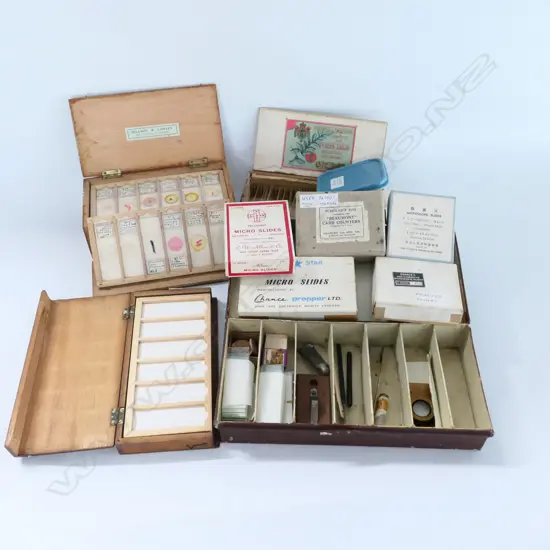 BOX OF MICROSCOPE SLIDES, ETC